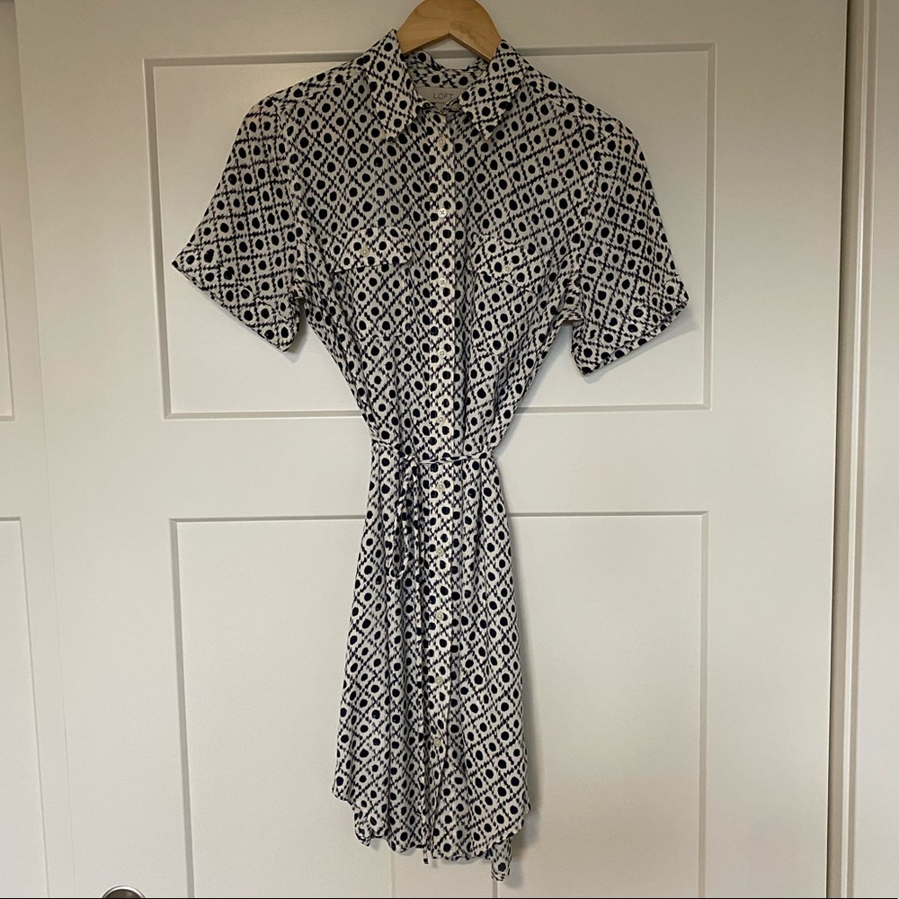 Loft | navy & ivory dotted short sleeve shirt dress | size S | womens